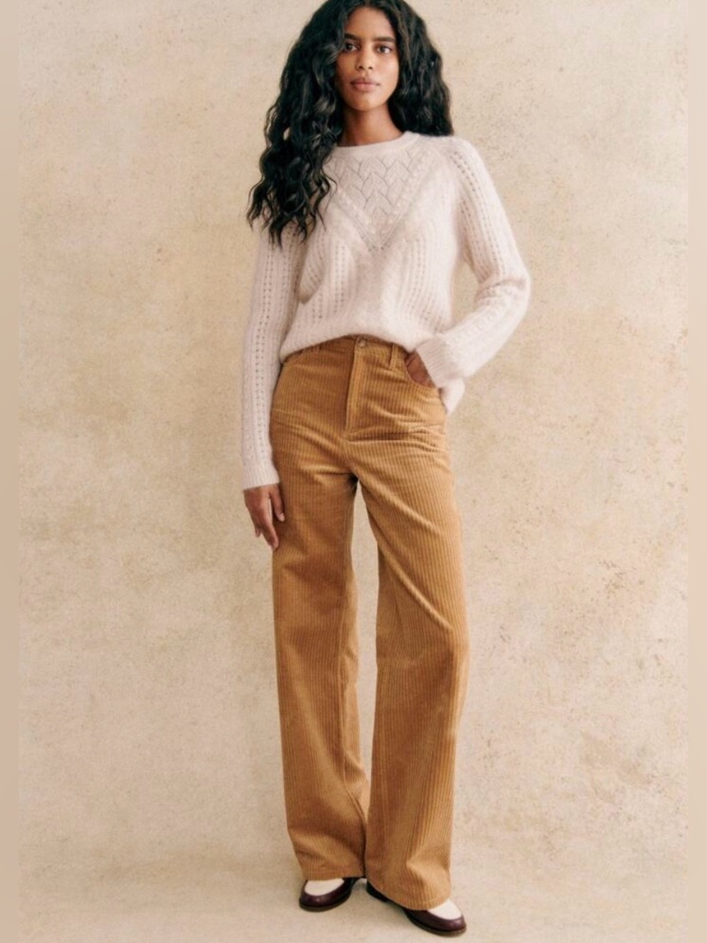Sezane Wide-Leg Corduroy Trousers Pants. Sz 36. Dark Beige Tan Camel.